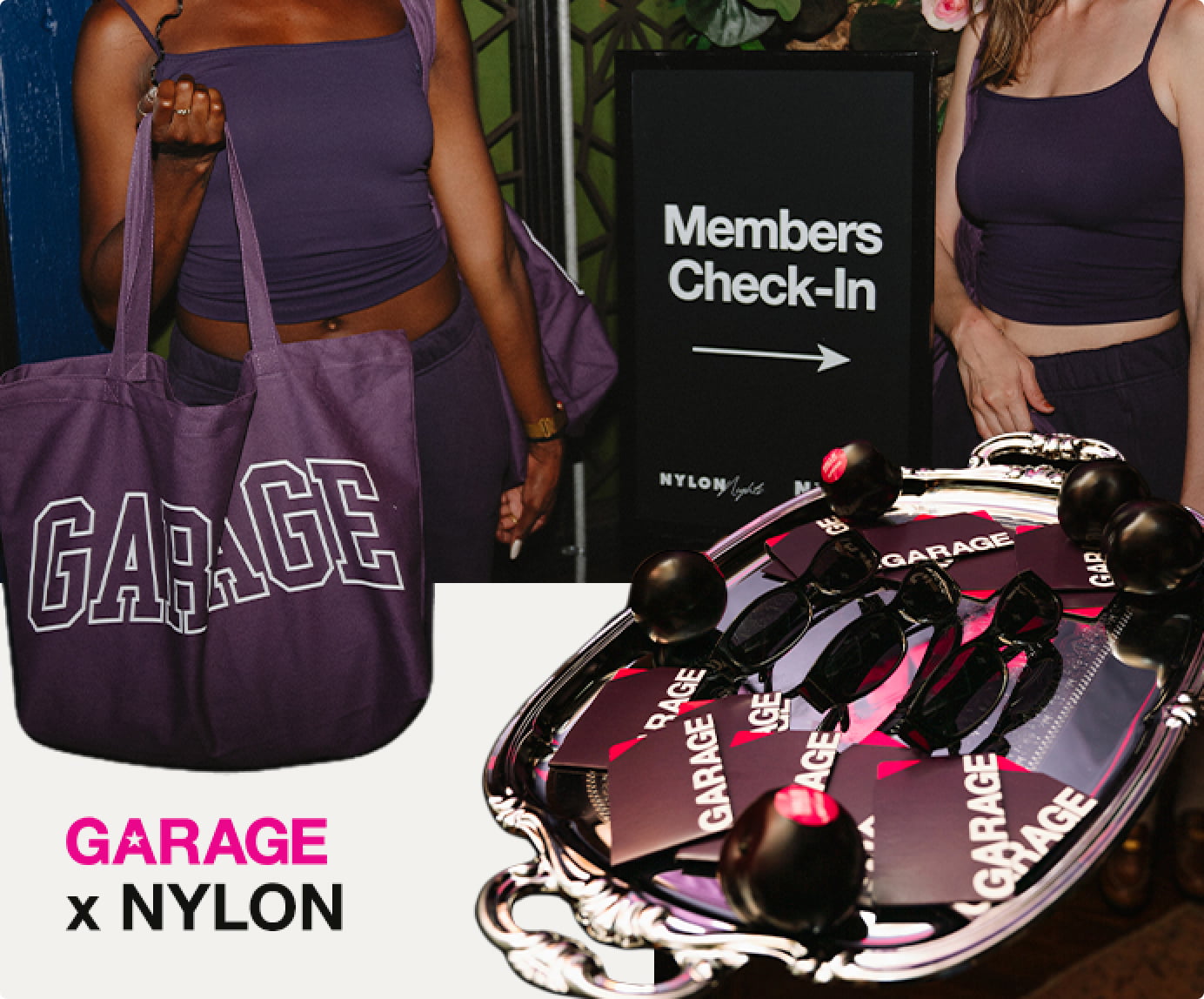 A collage of models wearing purple tank tops and sweats, a purple GARAGE tote bag, and a tray of purple GARAGE gift cards and plums.