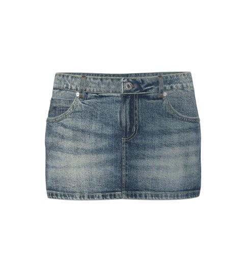Faded denim mini skirt.
