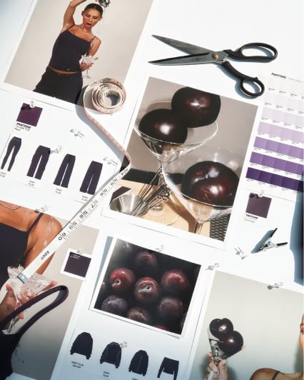 A collage of images of Hallie Batchelder, plums, and purple clothing.